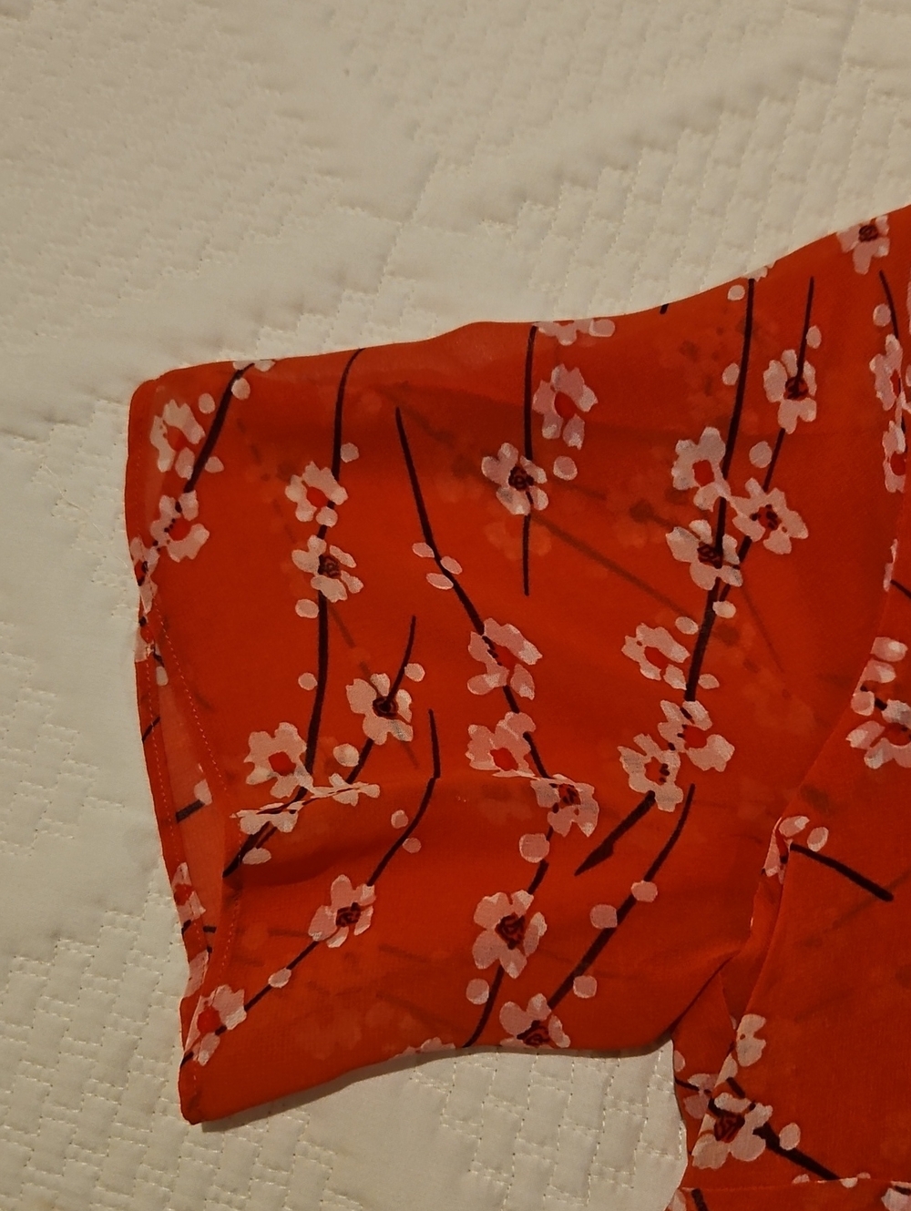 CAbi Orange-Red Floral V-Neck Short Sleeve Blouse - Picture 2 of 5